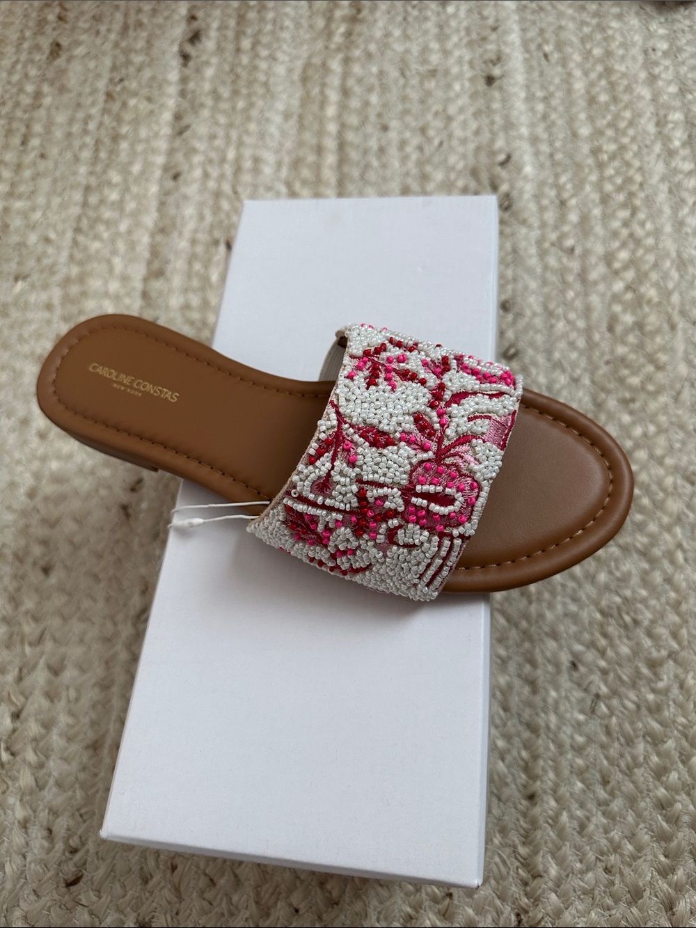 NWT Caroline Constas White & Pink Beaded Slide Sandal 8.5